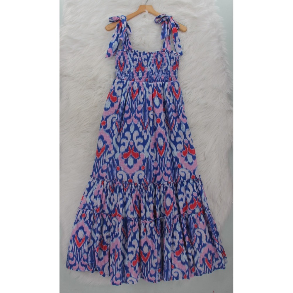 Crown & Ivy Maxi Dress PM Blue Ikat Print Cotton Swiss Dot Smocked Tie NWT #664 - Picture 2 of 14